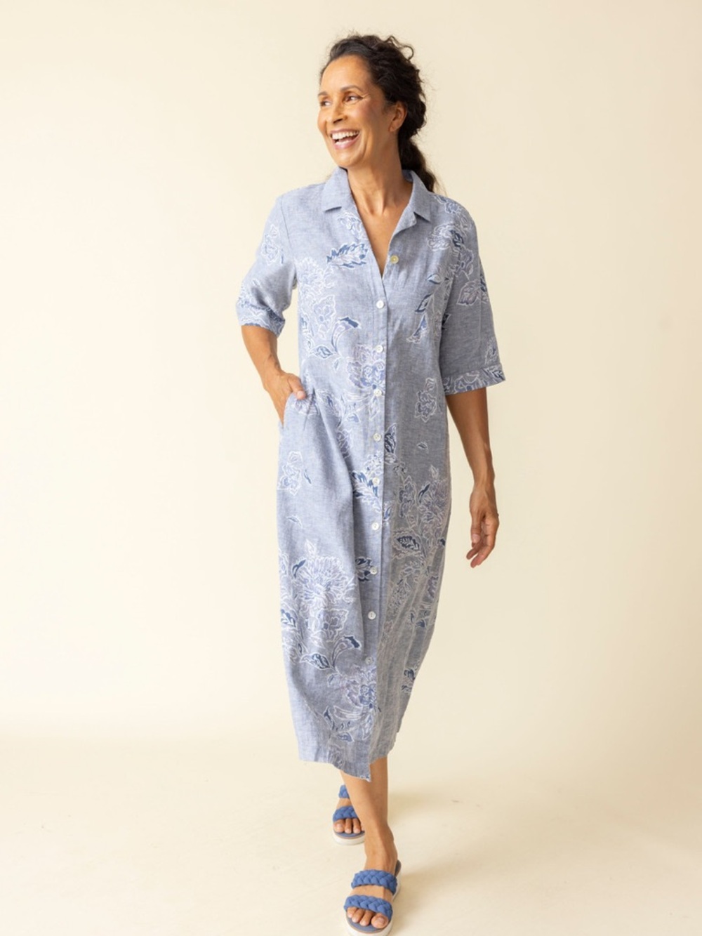 Habitat Bloomer Go To Dress Linen Light Blue Floral Button Down Midi Shirt Dress